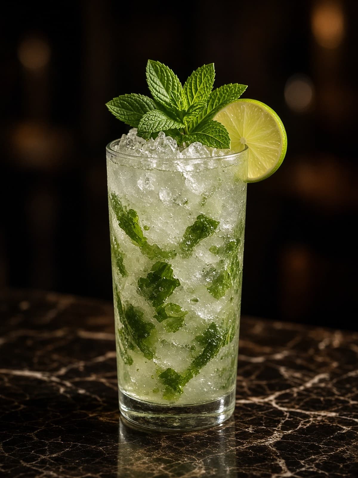 Mojito cocktail in collins with fresh mint sprig