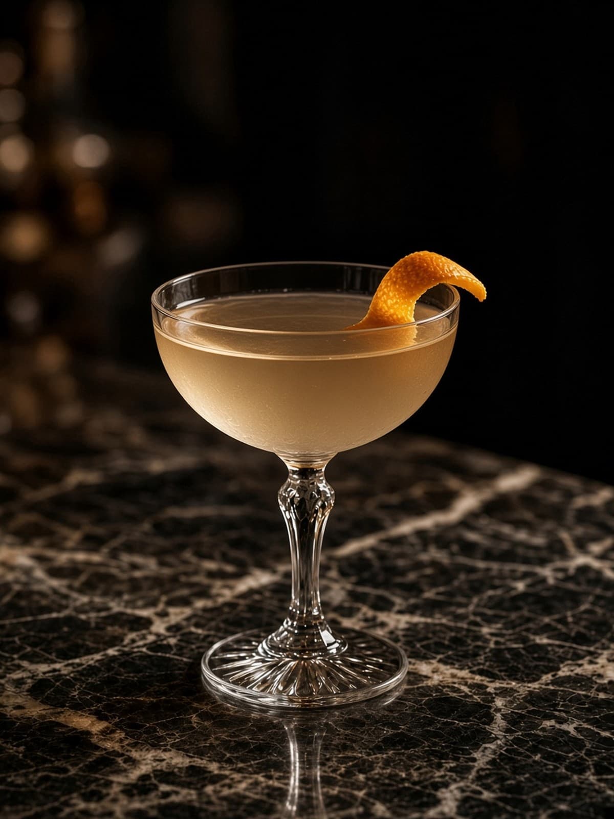 Adonis cocktail in nick & nora with orange twist