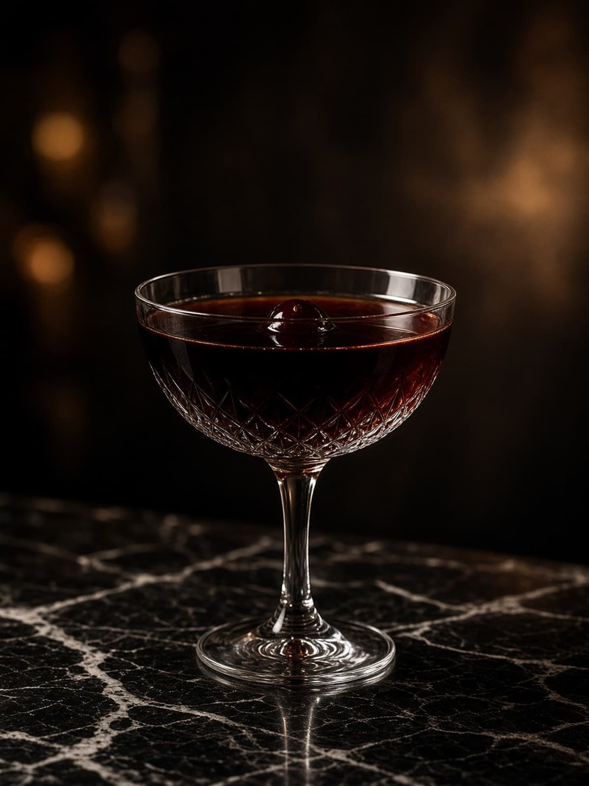 Black Manhattan cocktail in coupe with orange twist