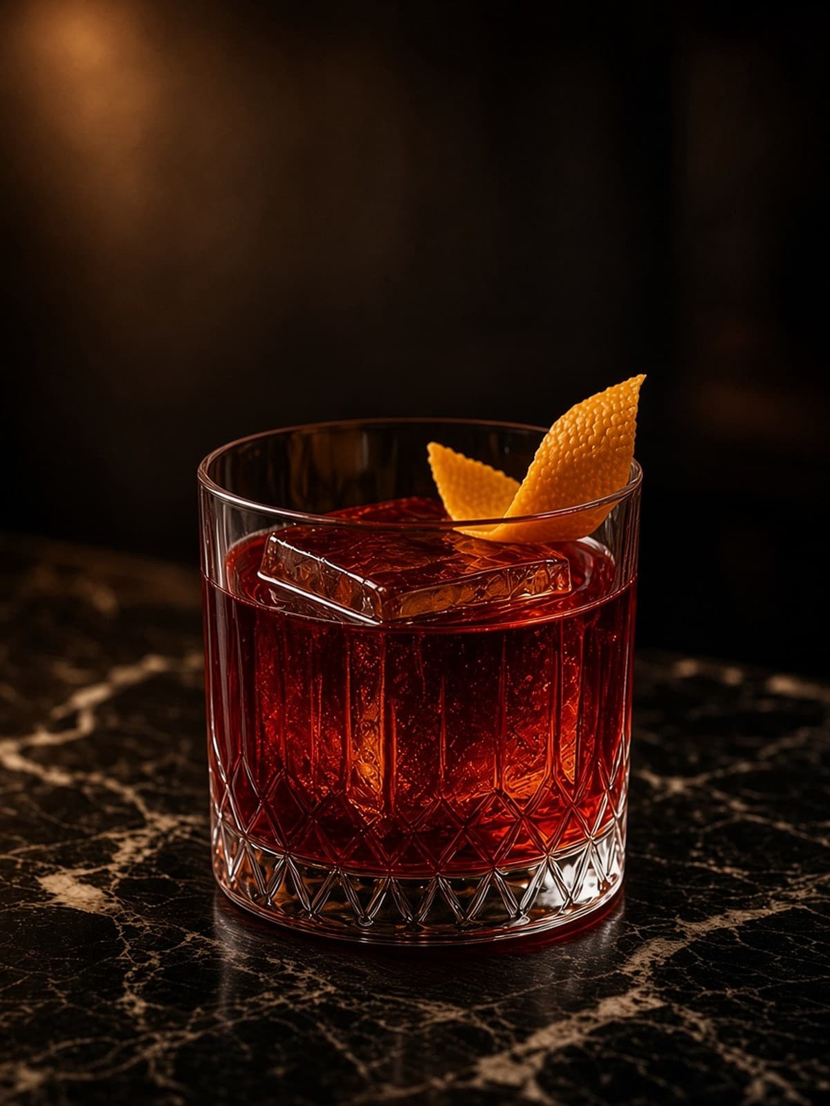 Boulevardier cocktail in rocks with lemon wheel