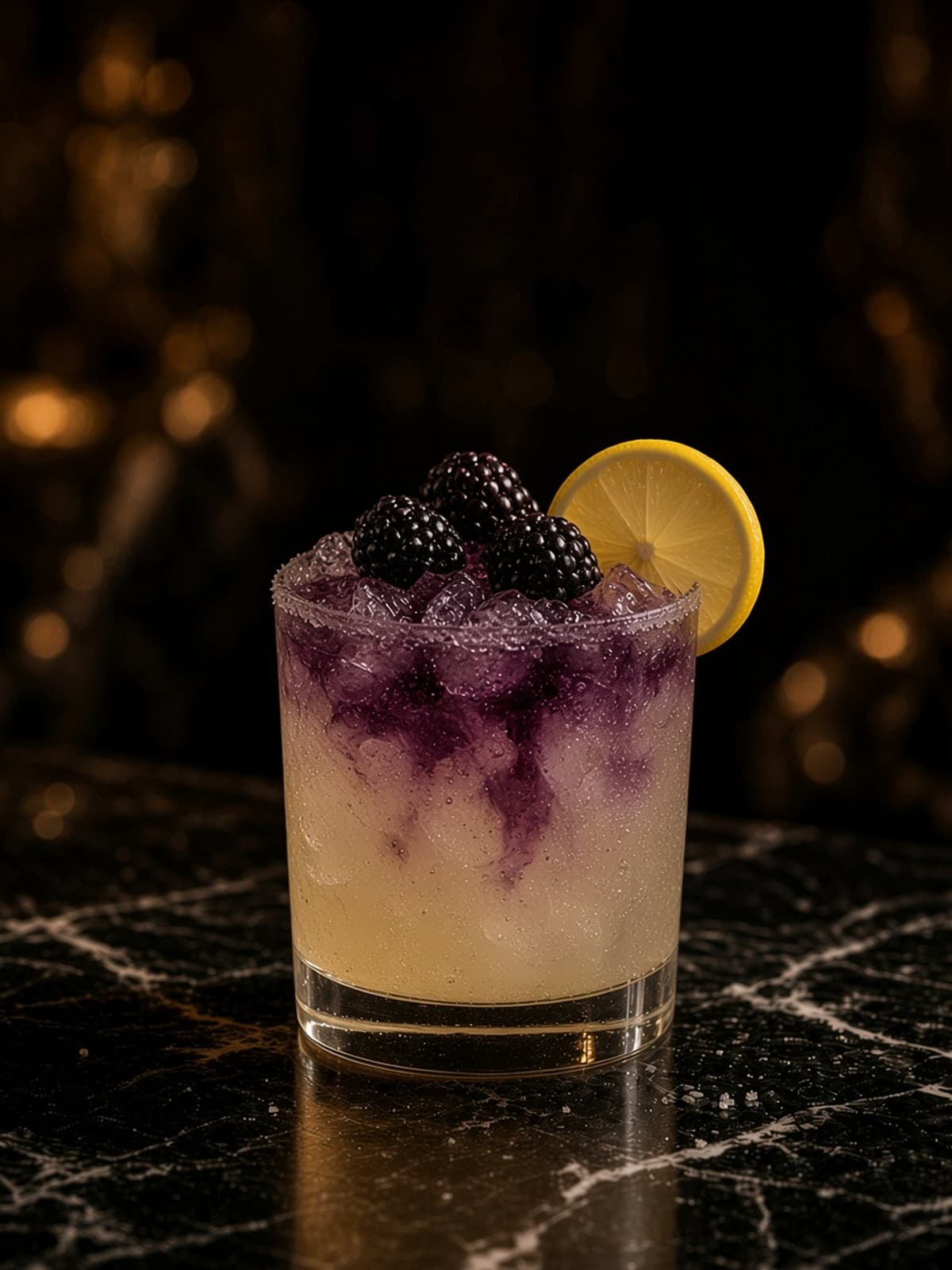 Bramble cocktail in rocks with lemon wheel