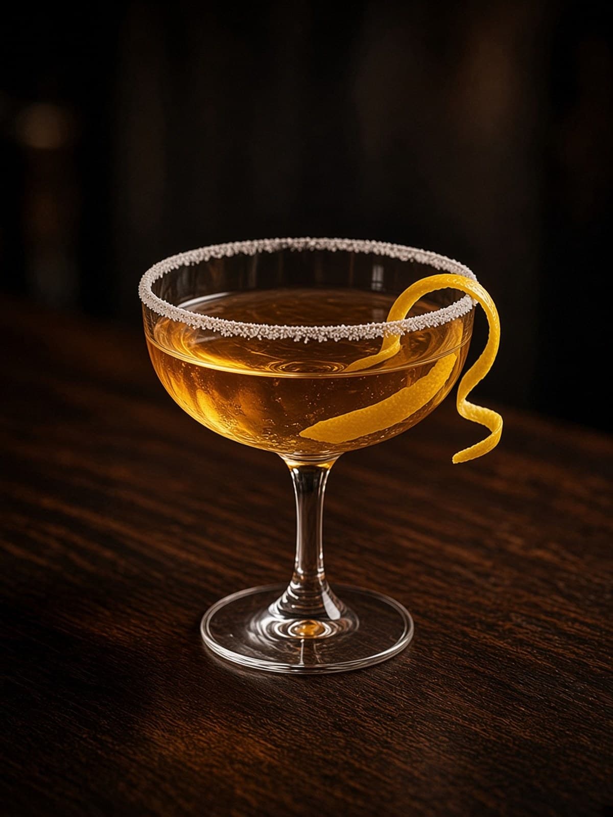 Brandy Crusta cocktail in coupe with lemon wheel
