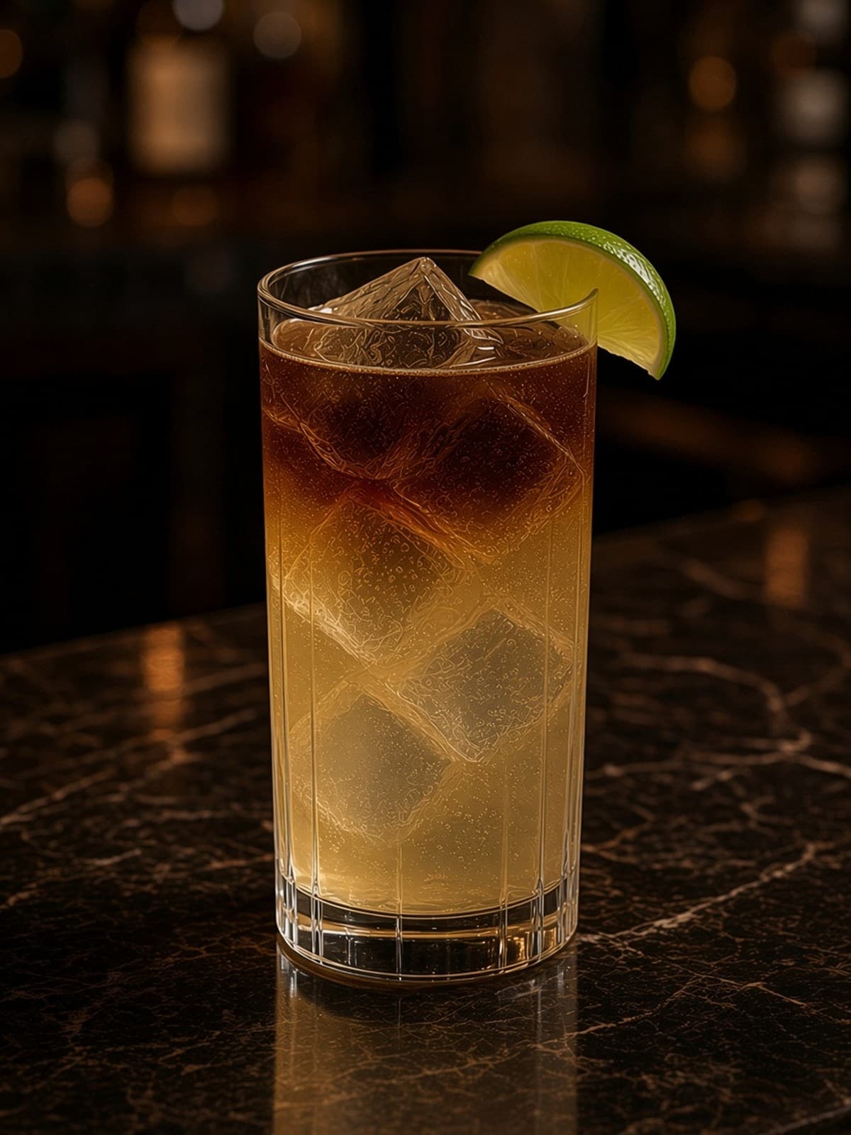 Dark and Stormy cocktail in highball with lime wheel