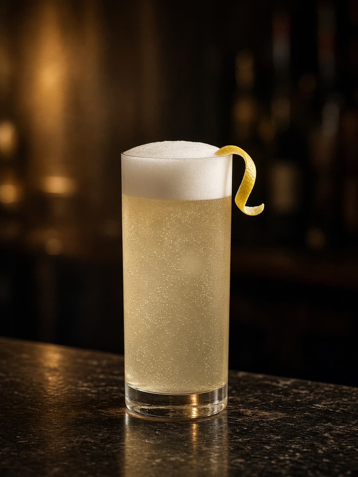Gin Fizz cocktail in collins with lemon wheel