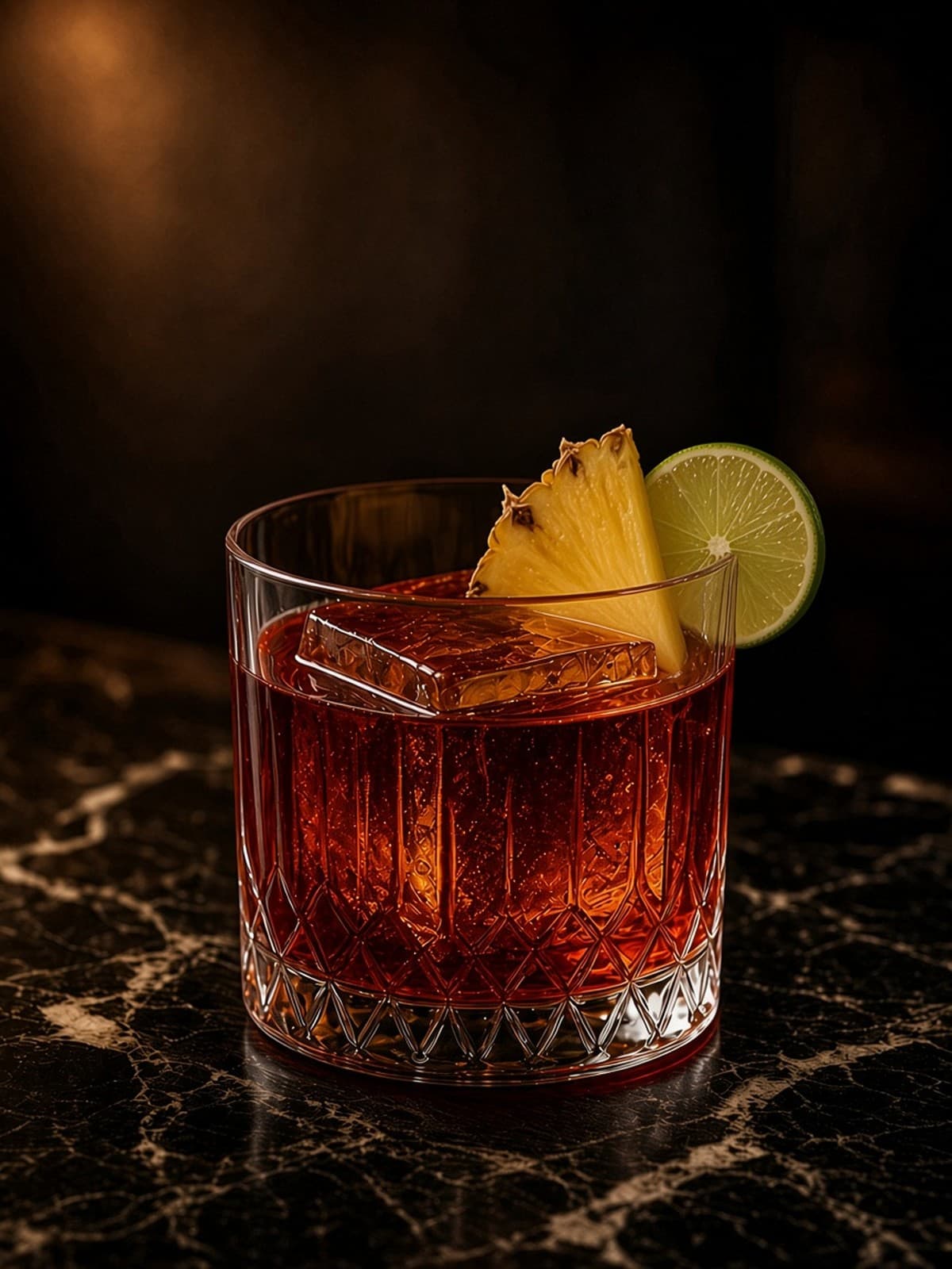 Jungle Bird cocktail in rocks with lime wheel