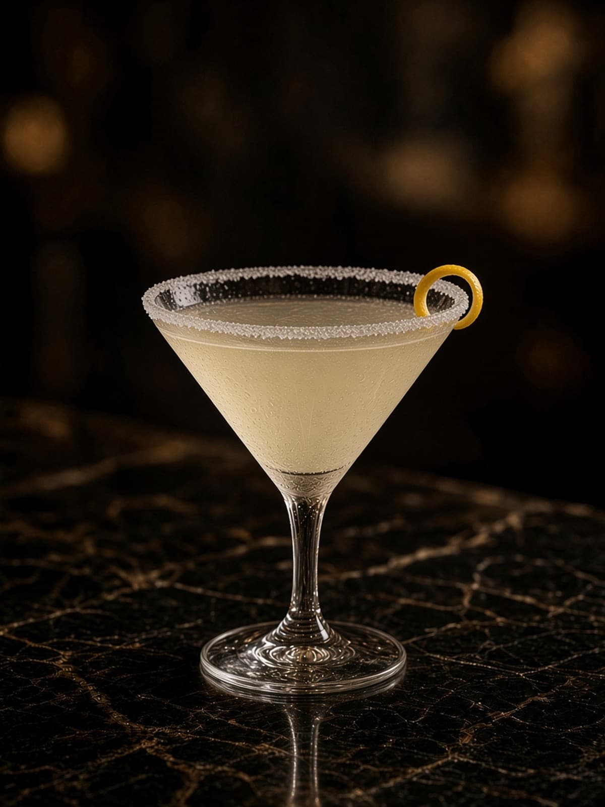 Lemon Drop cocktail in cocktail with lemon wheel