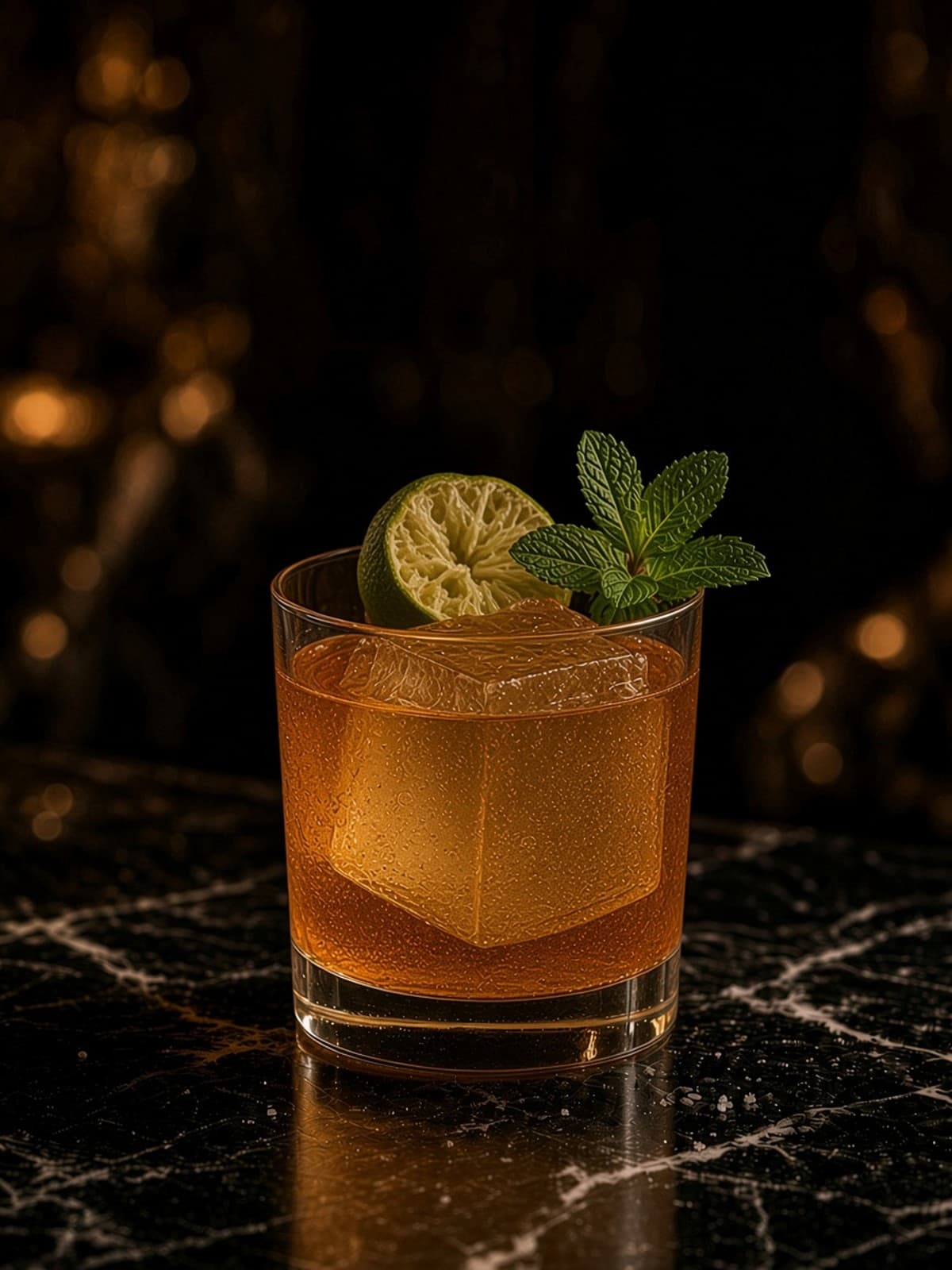 Mai Tai cocktail in rocks with lime wheel