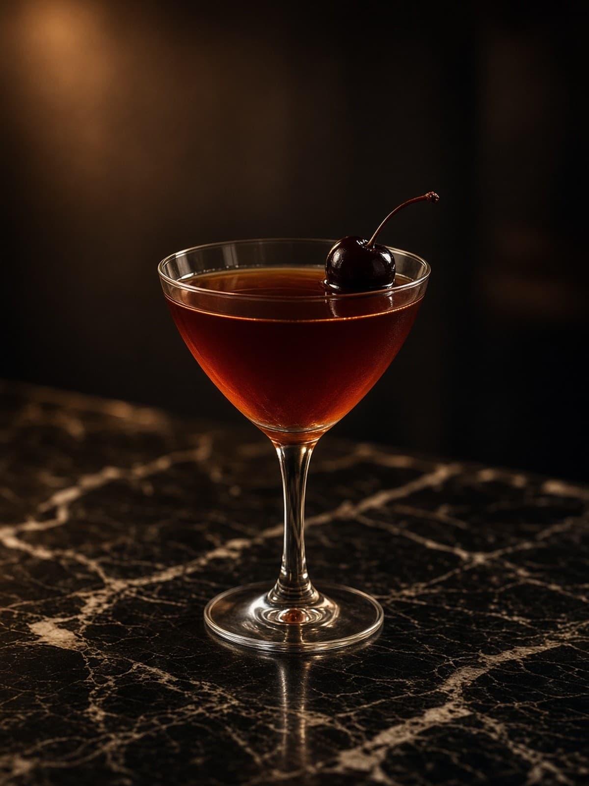 Manhattan cocktail in nick & nora with mint sprig