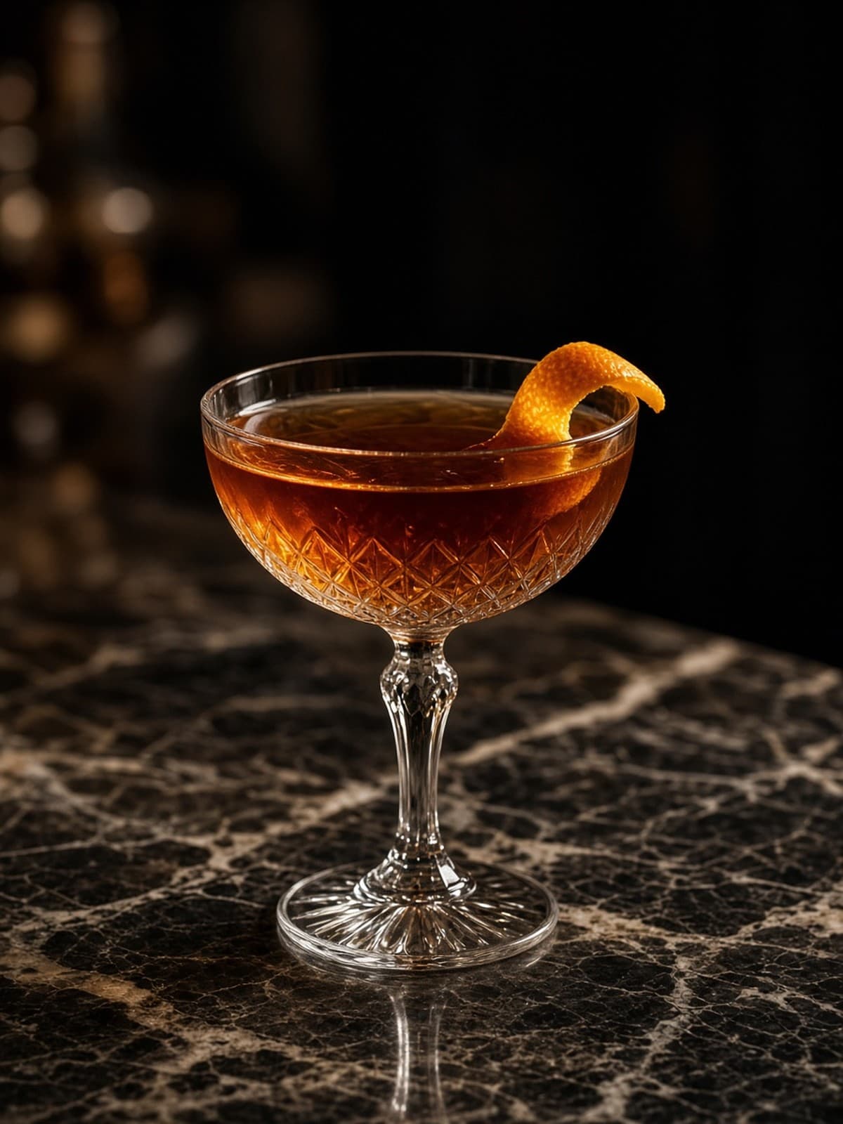 Martinez cocktail in coupe with orange twist