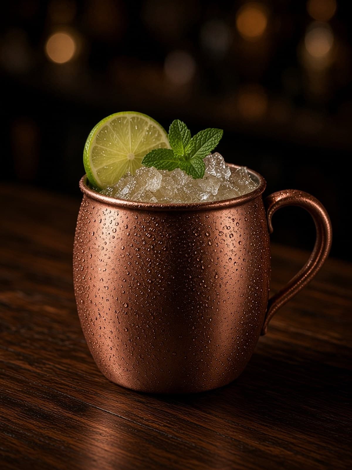 Mezcal Mule cocktail in copper mug with lime wheel