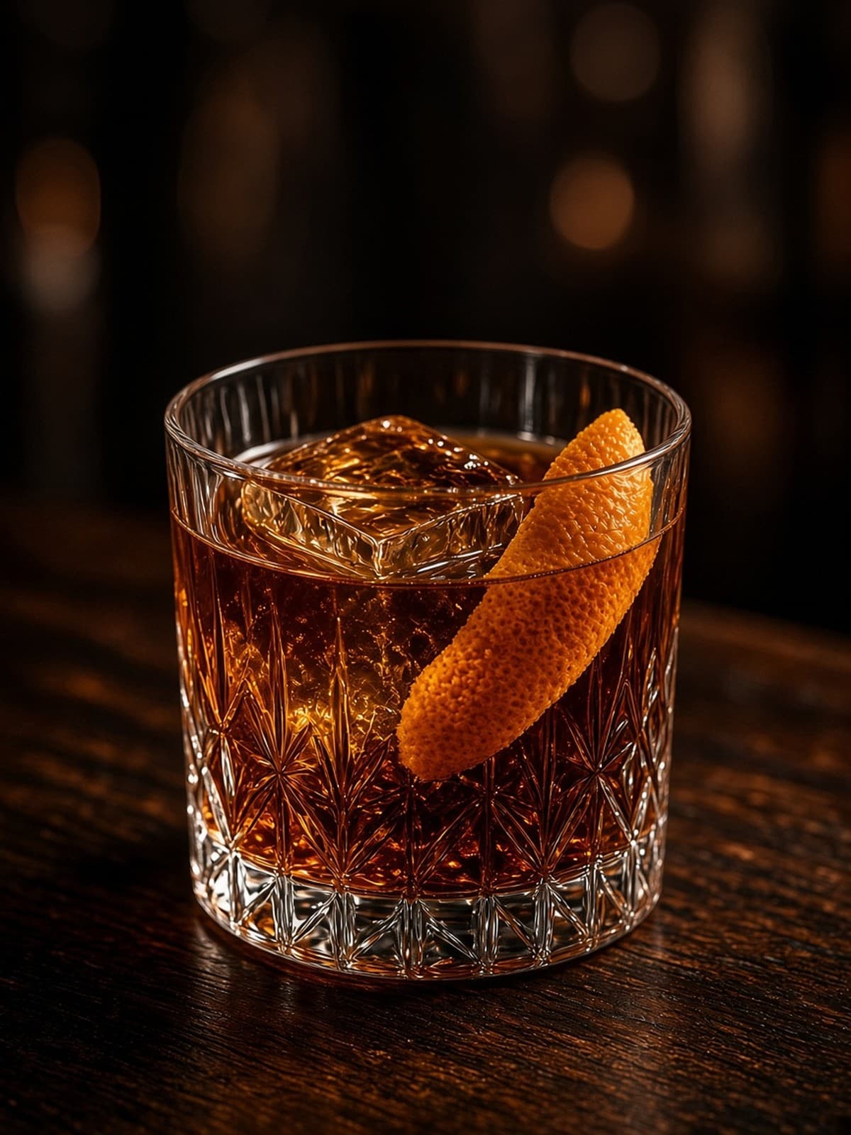 Mezcal Old Fashioned cocktail in rocks with mint sprig