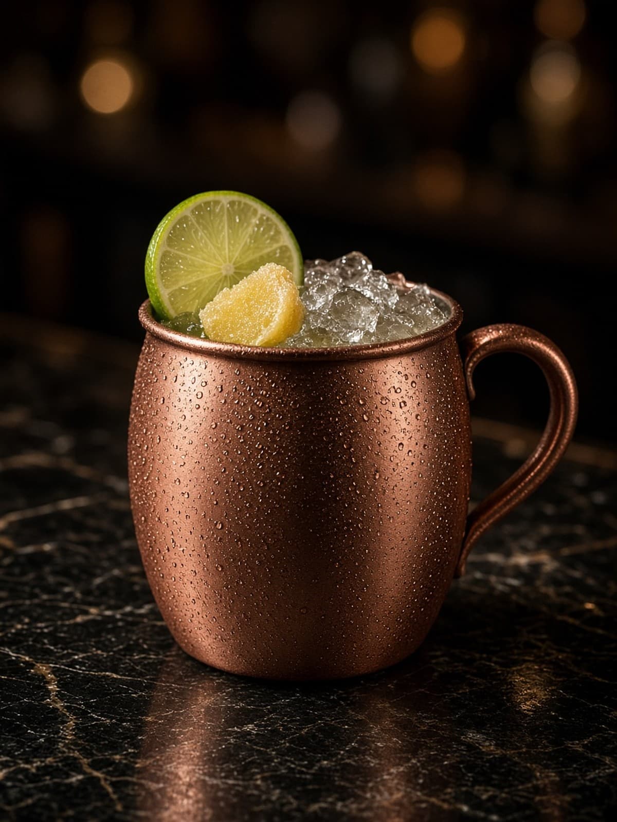 Moscow Mule cocktail in copper mug with lime wheel
