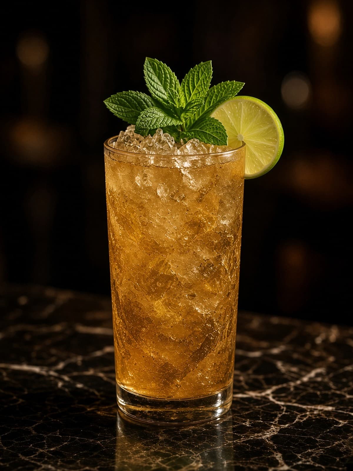 Navy Grog cocktail in collins with lime wheel