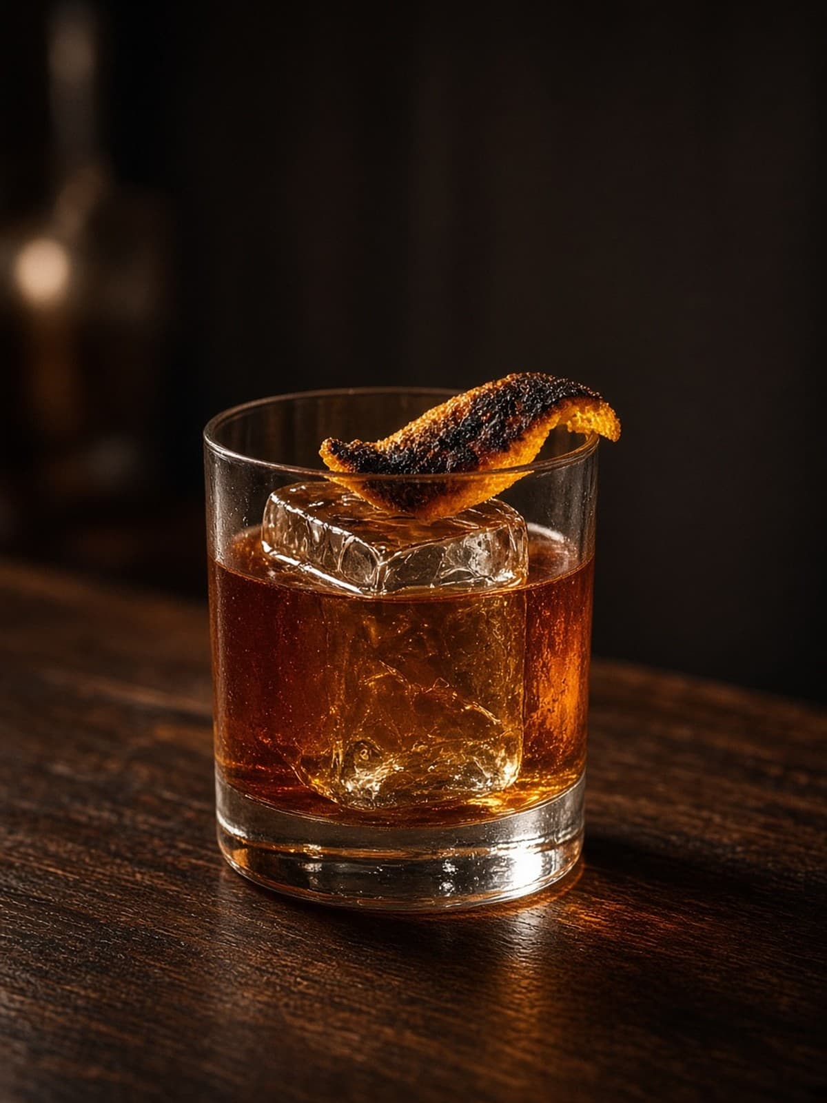 Oaxacan Old Fashioned cocktail in rocks with cucumber slice