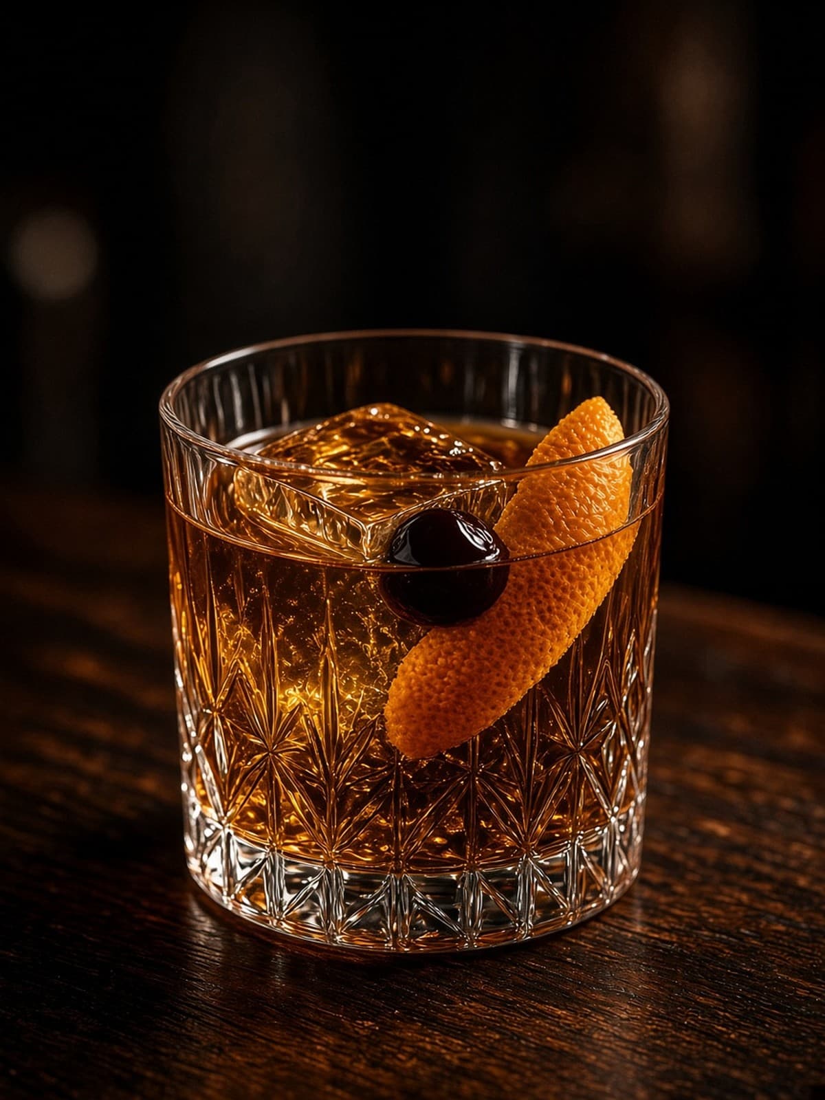 Old Fashioned cocktail in rocks with orange twist