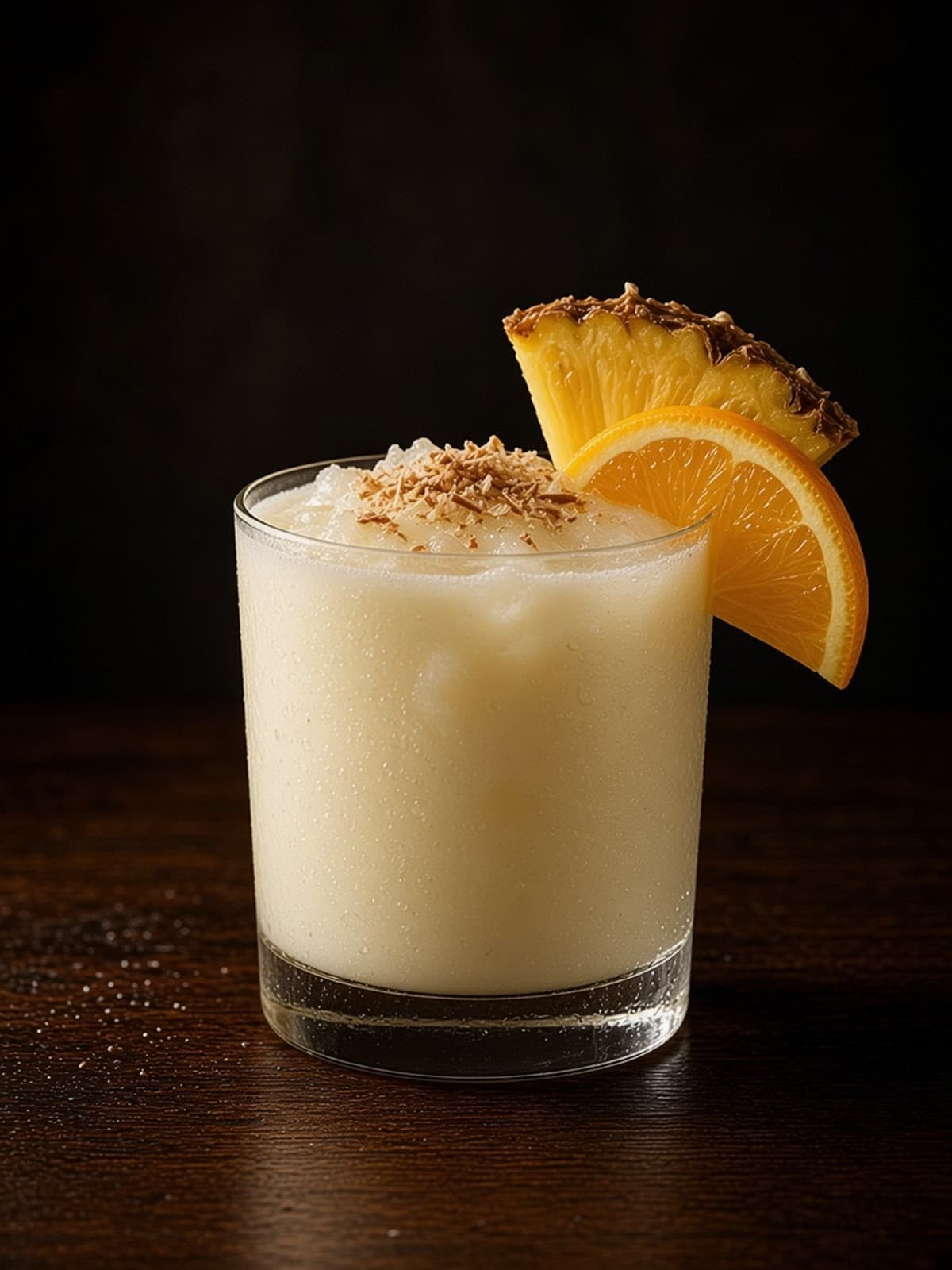 Painkiller cocktail in rocks with orange twist