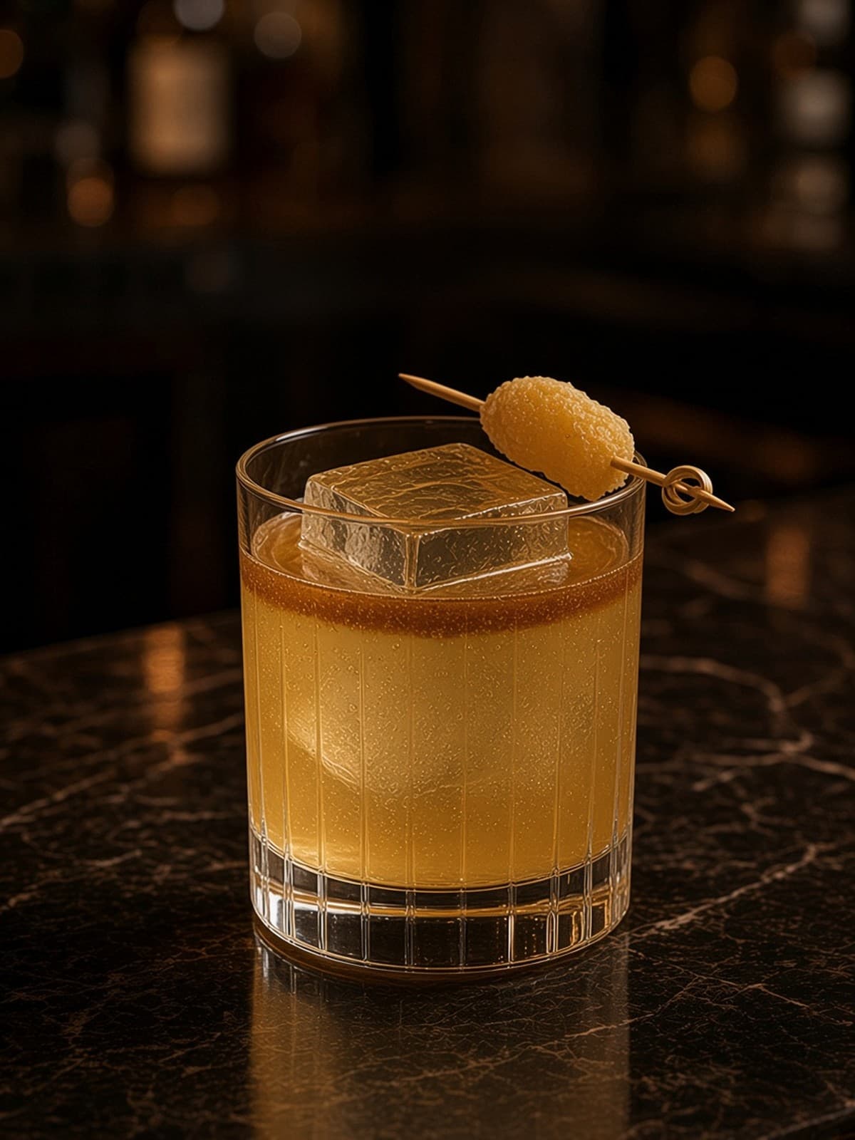 Penicillin cocktail in rocks with lemon wheel