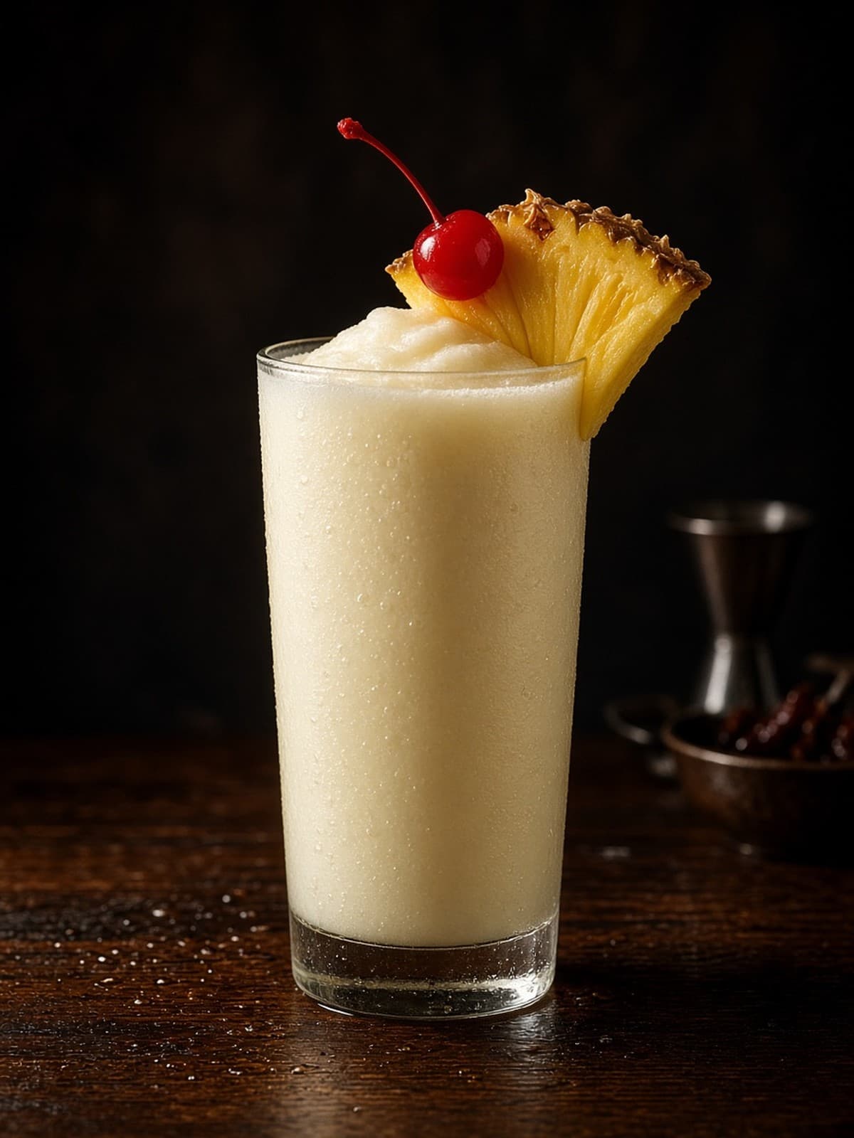 Piña Colada cocktail in highball with citrus twist