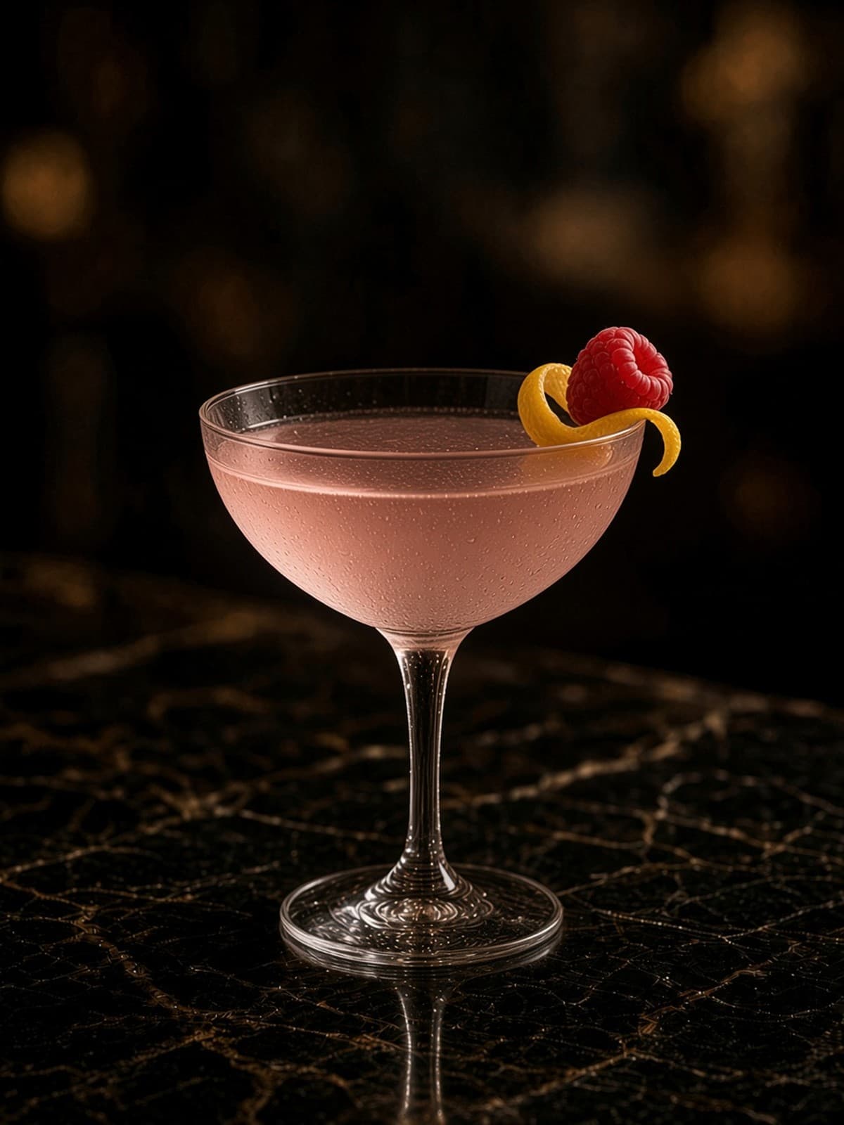 Pink Martini cocktail in coupe with lemon wheel