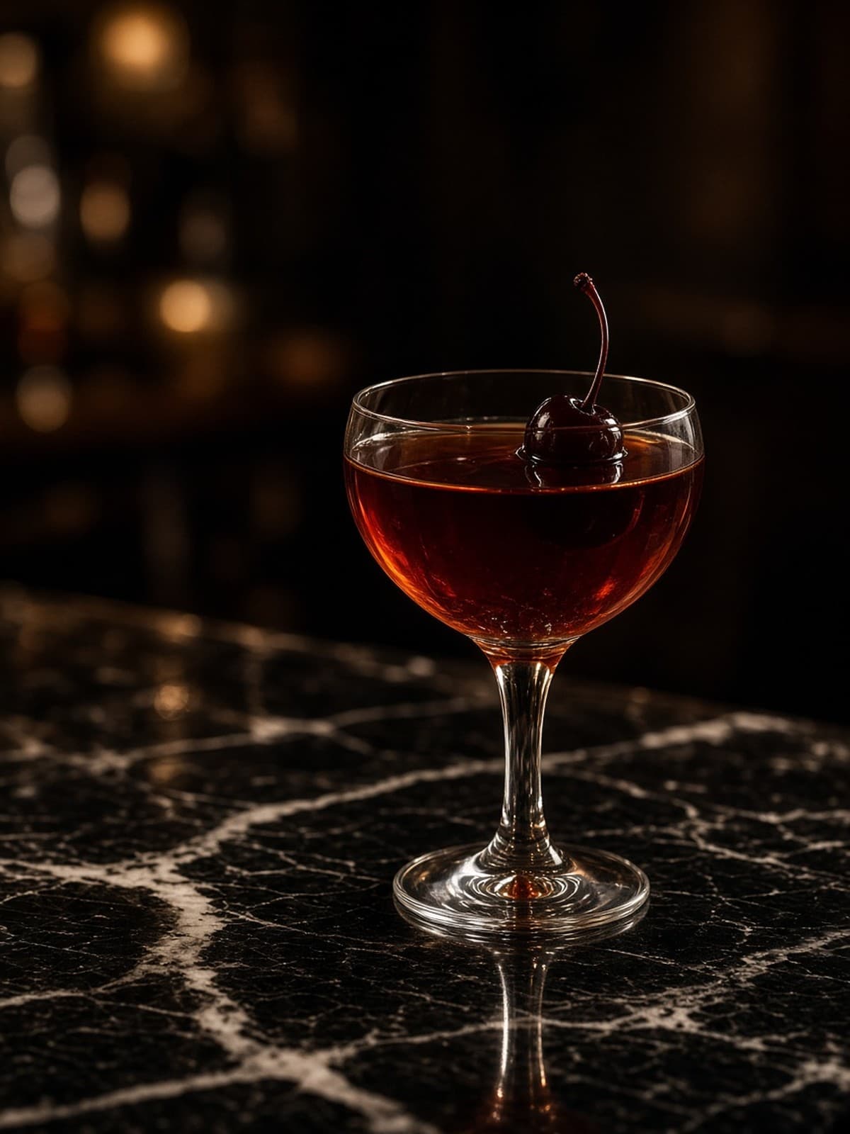Rob Roy cocktail in nick & nora with lemon wheel