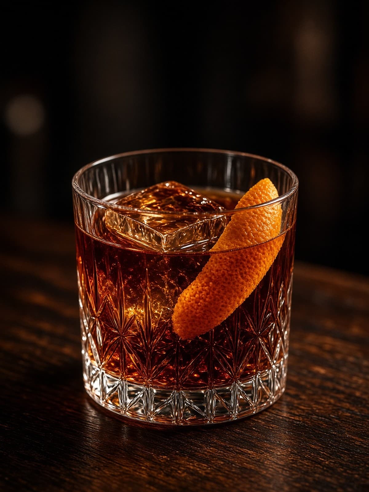 Rum Old Fashioned cocktail in rocks with orange twist