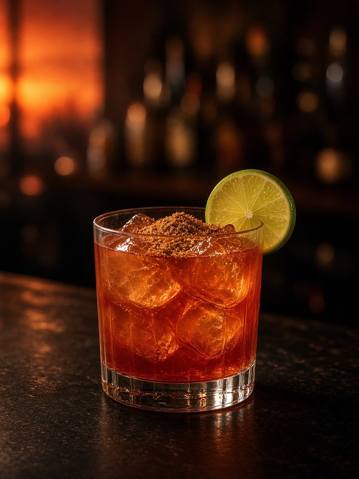 Rum Punch cocktail in rocks with lime wheel