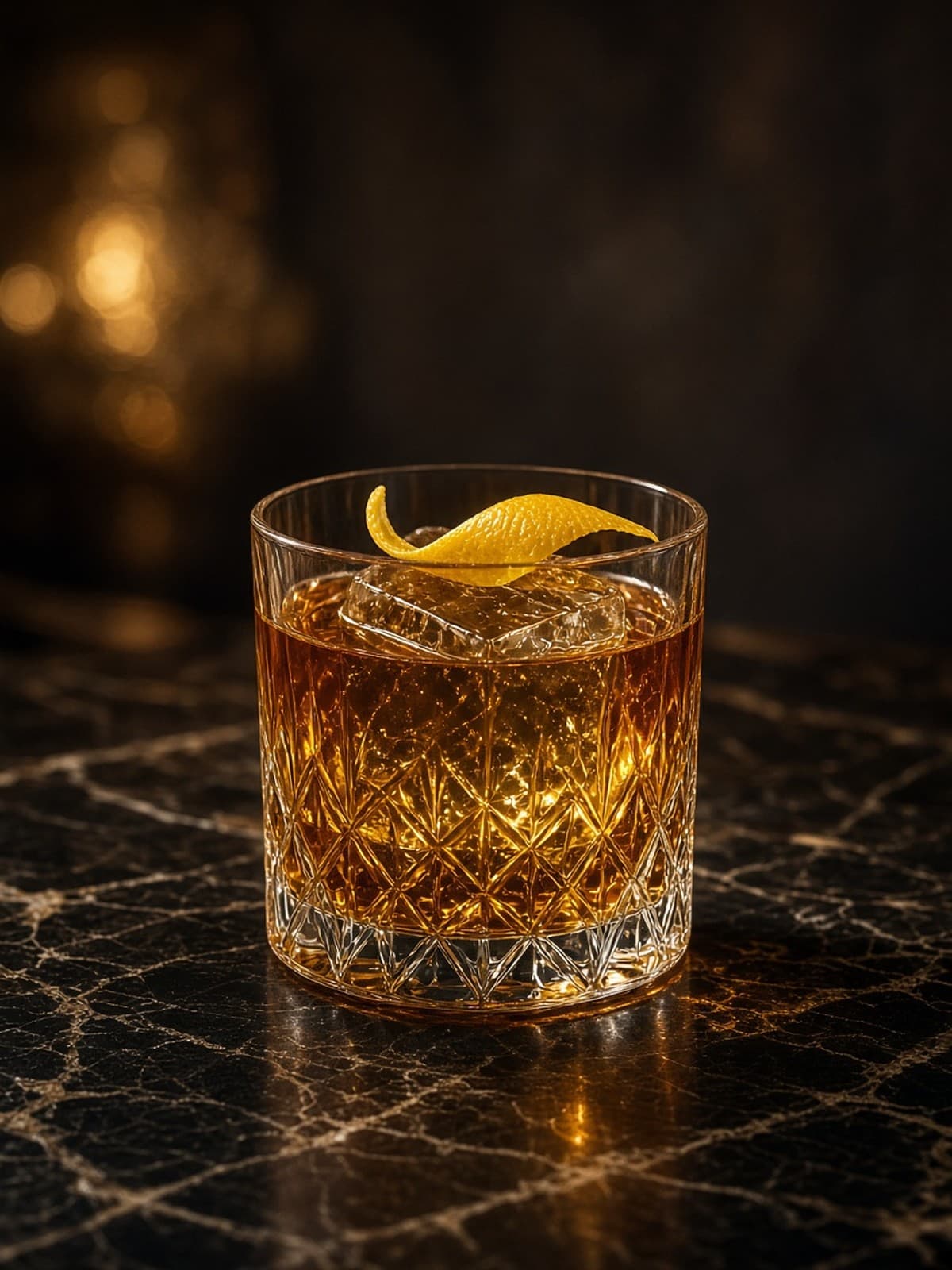 Rusty Nail cocktail in rocks with herb sprig