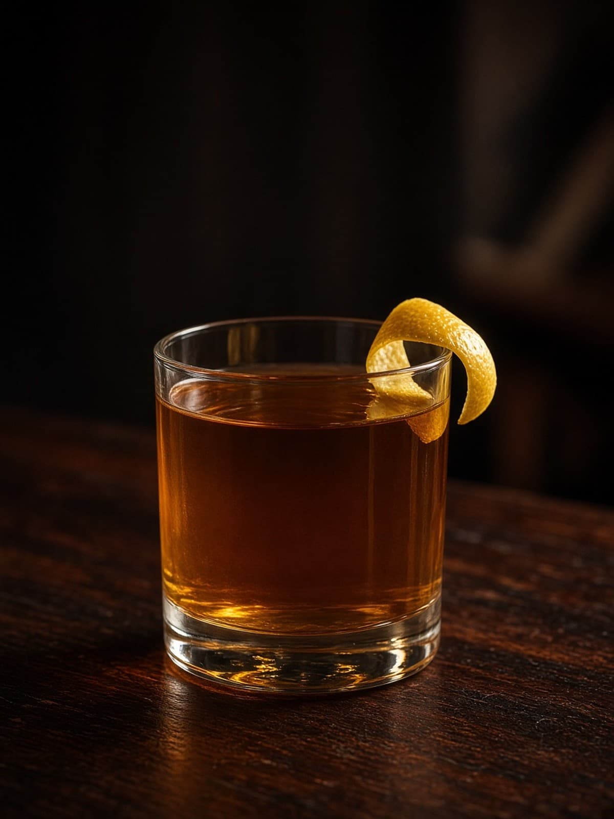 Sazerac cocktail in rocks with herb sprig