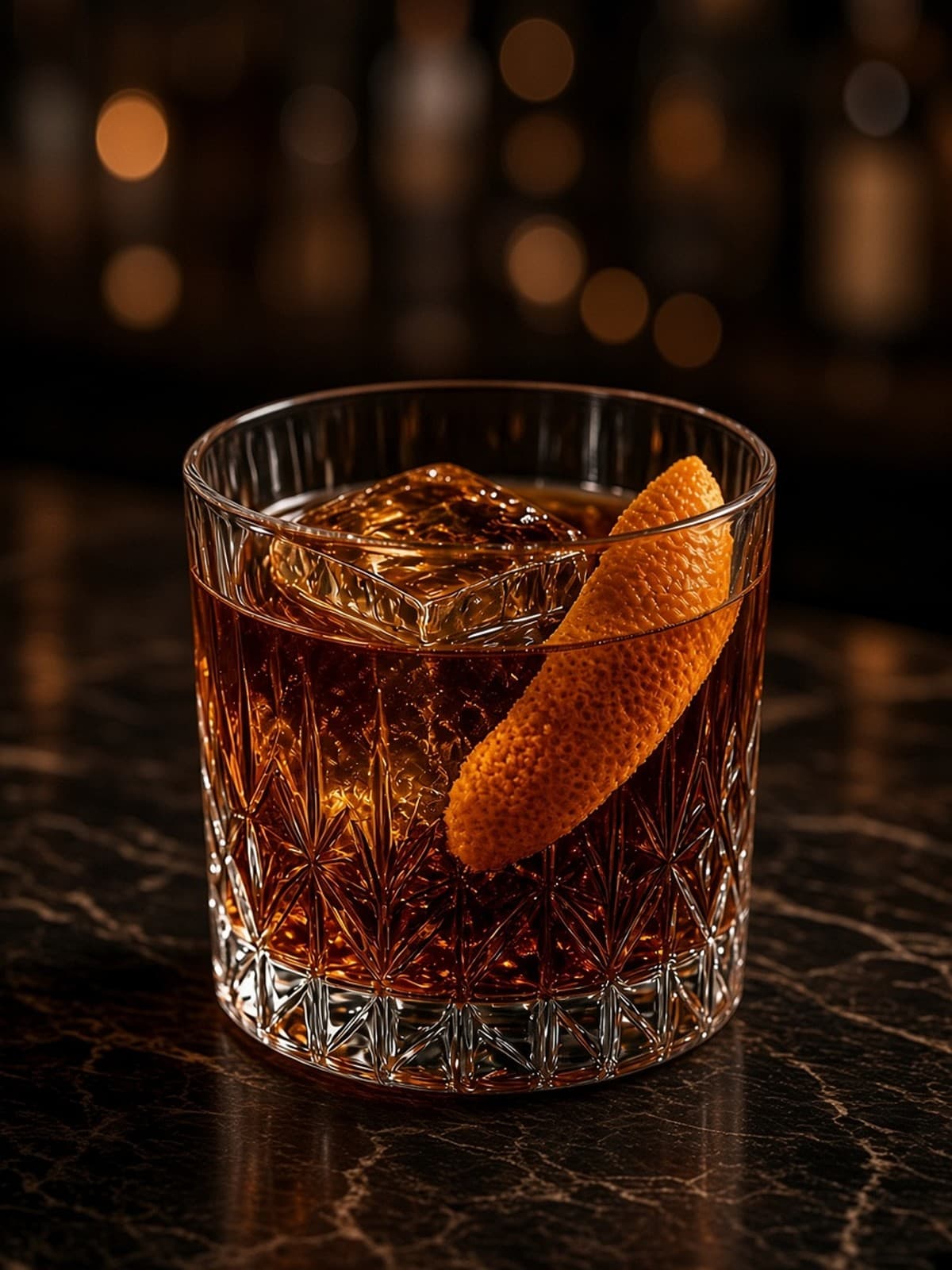 Tequila Old Fashioned cocktail in rocks with orange twist