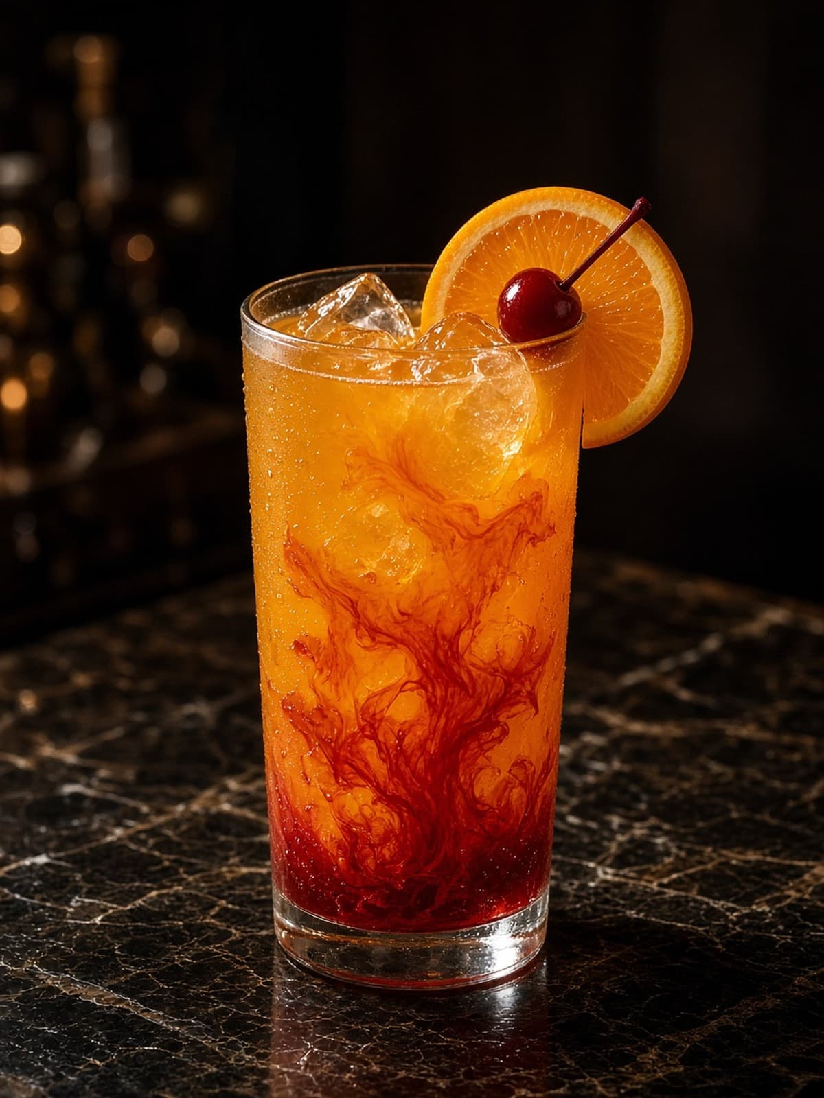 Tequila Sunrise cocktail in highball with orange twist