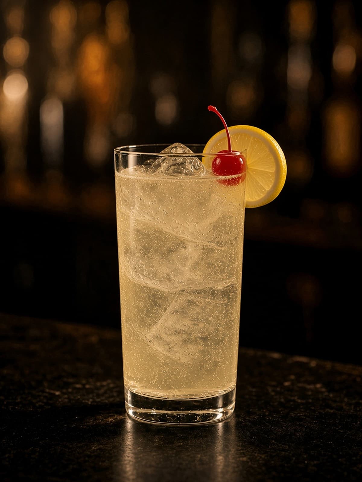 Vodka Collins cocktail in collins with lemon wheel