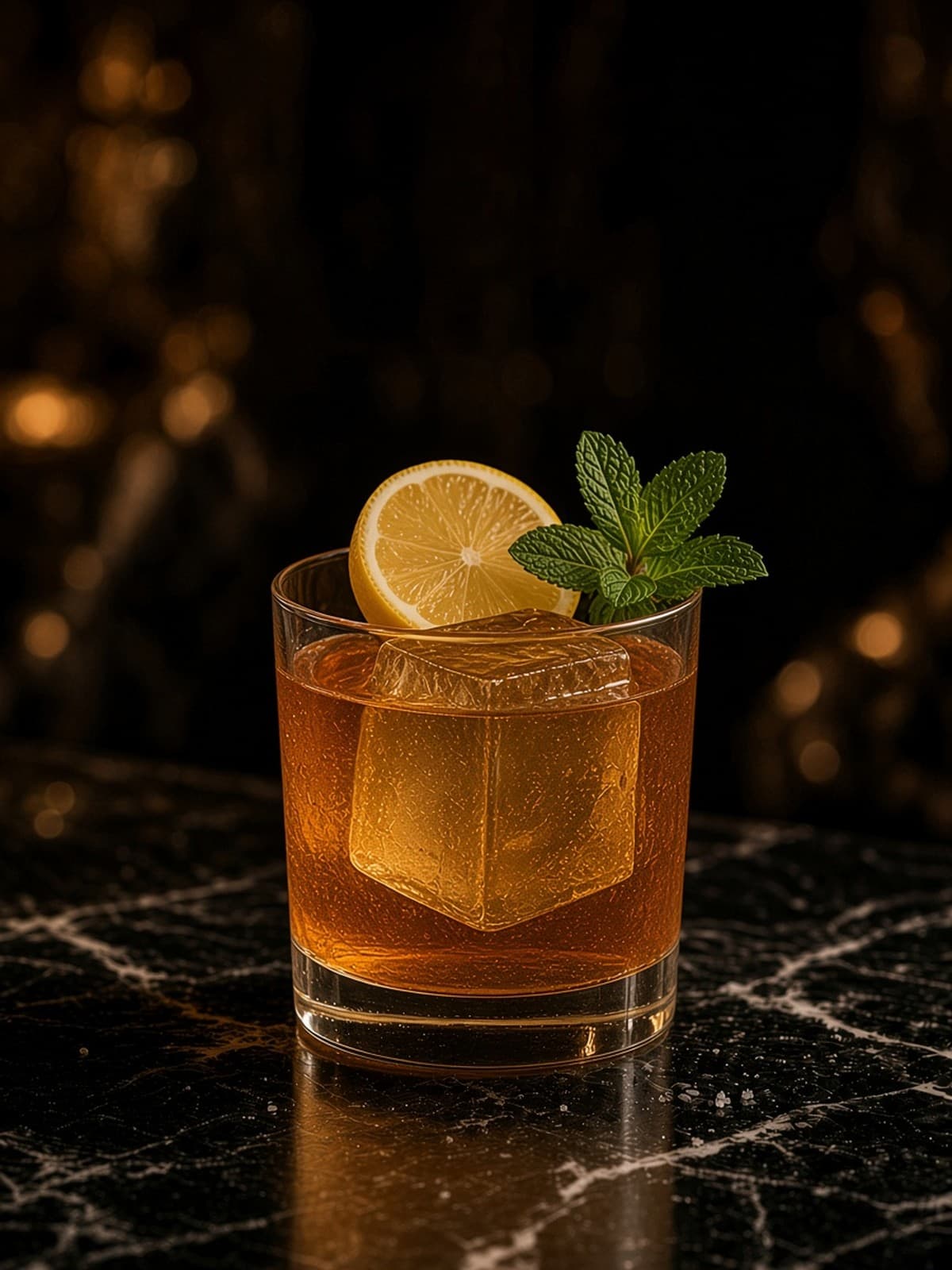 Whiskey Smash cocktail in rocks with fresh mint sprig