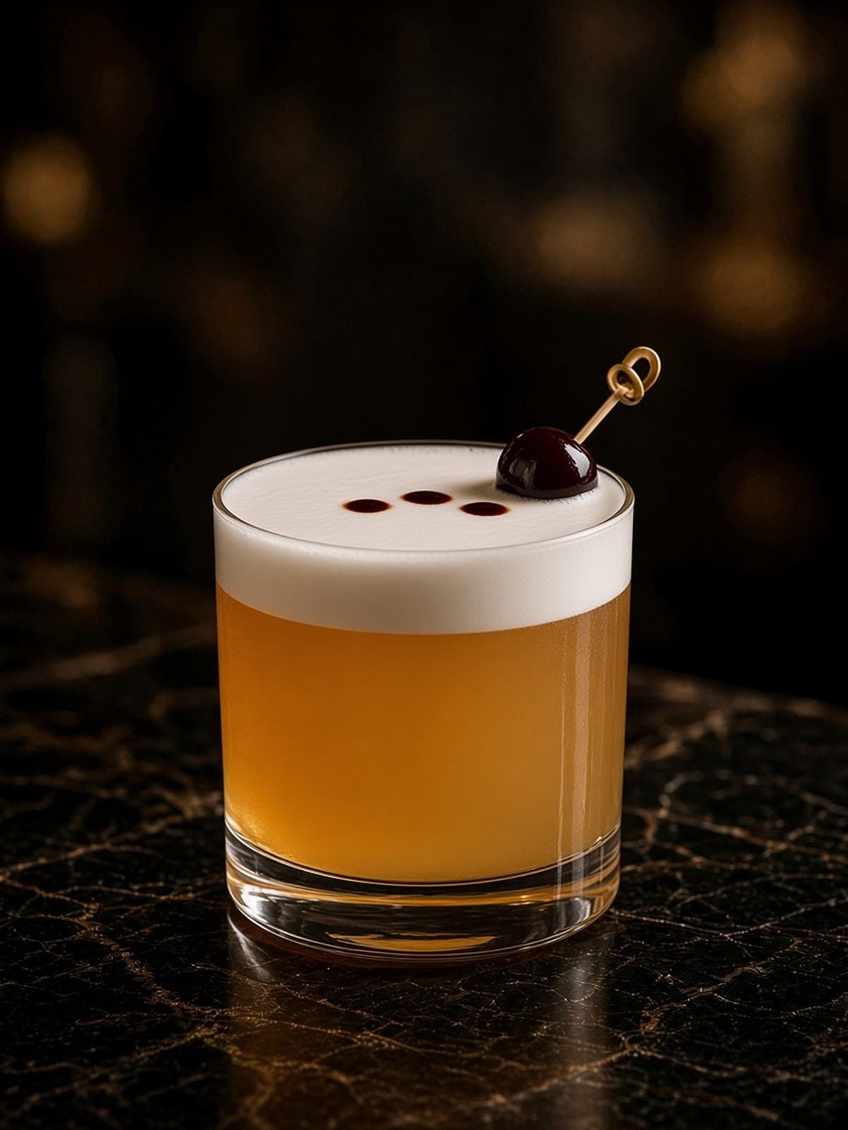 Whiskey Sour cocktail in rocks with lemon wheel