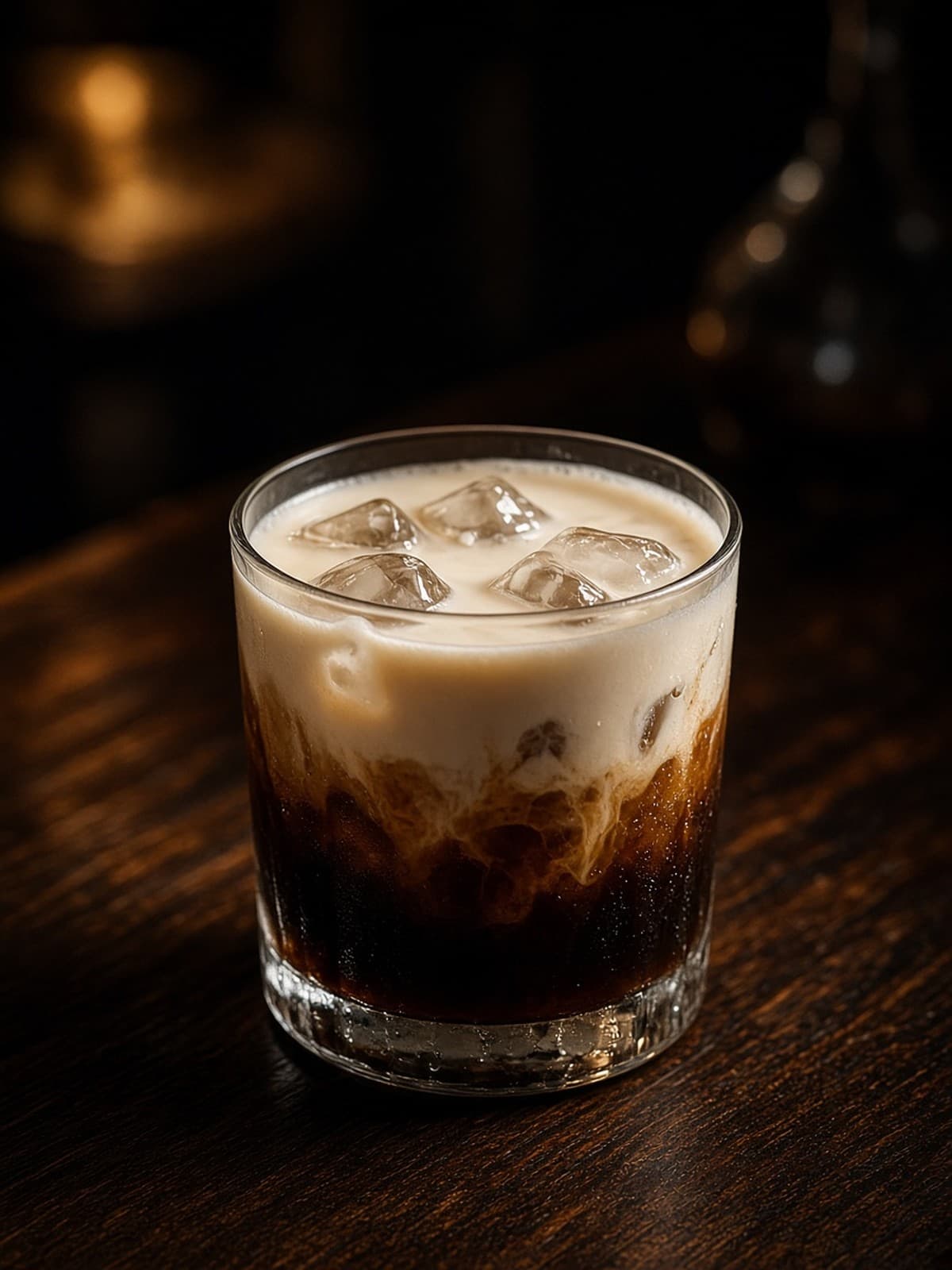 White Russian cocktail in rocks with cucumber slice